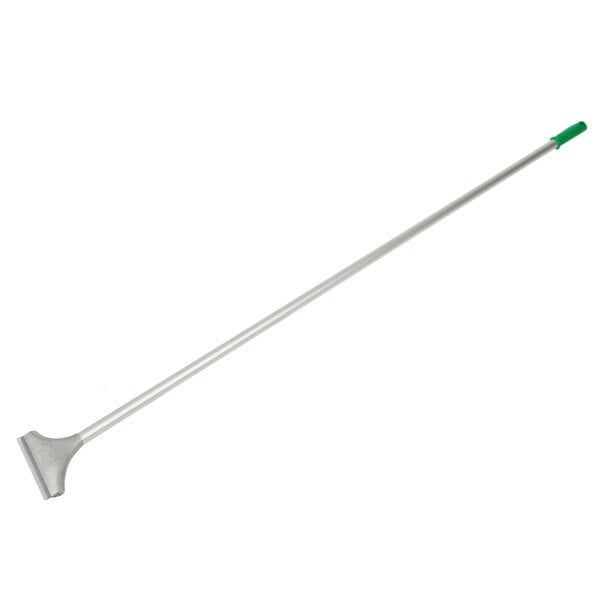 A long thin metal Unger floor scraper with a green and silver handle.