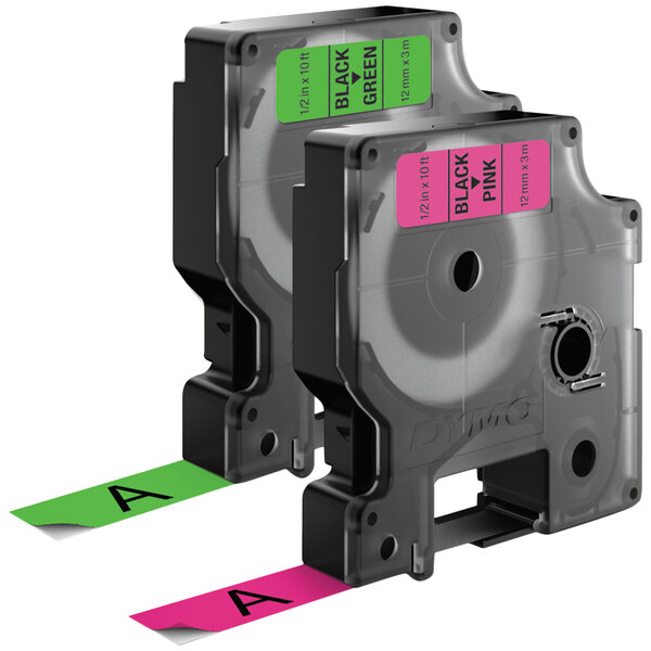 Two black and pink DYMO label tapes with green and pink labels in a couple of tape dispensers.