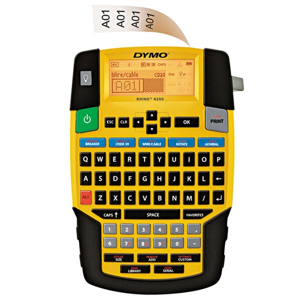 A yellow and black DYMO Rhino 4200 label printer.