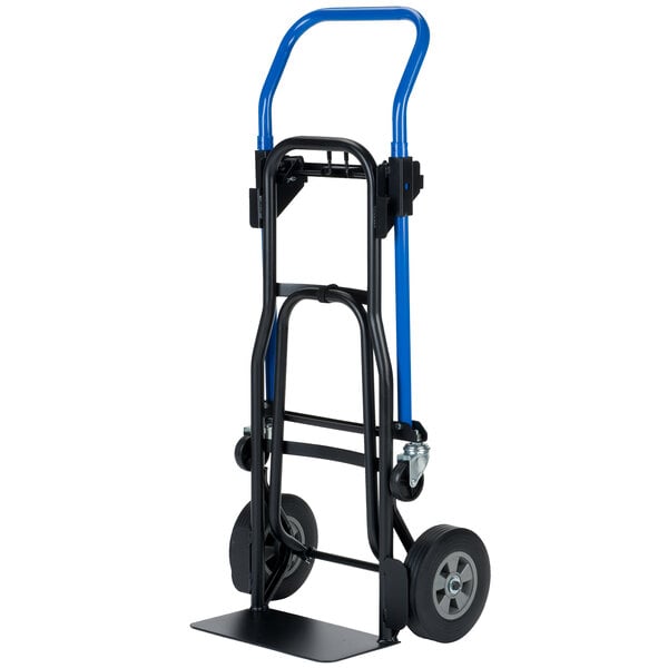 A Harper hand truck with blue handle and solid rubber wheels.