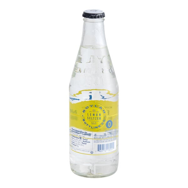 A 12 fl. oz. glass bottle of Boylan Bottling Co. Lemon Seltzer.