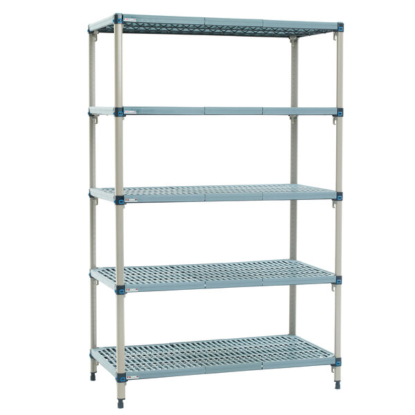 A MetroMax Q metal shelving unit with four shelves.