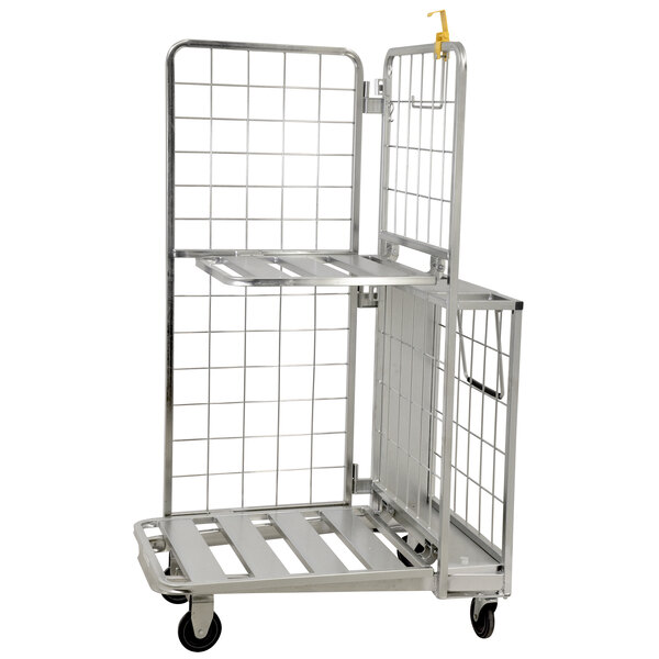 An Omcan galvanized metal stocking cart with a shelf and grid walls.