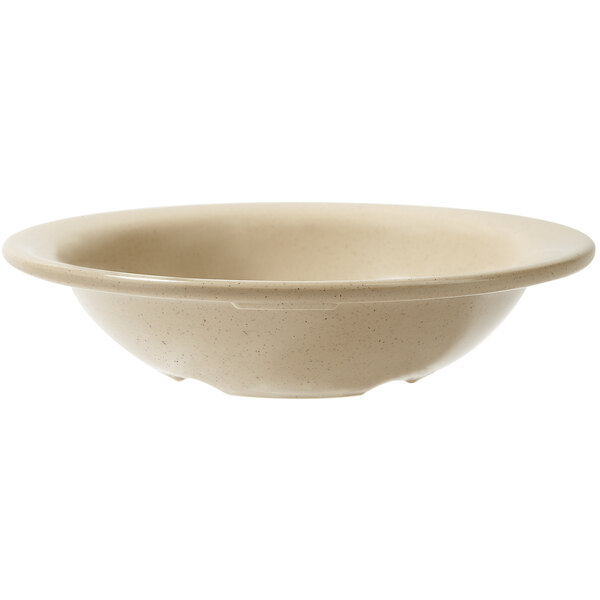 A white bowl with a beige rim.