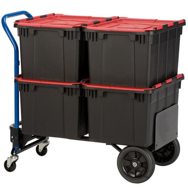 a black and red plastic bins on a blue cart