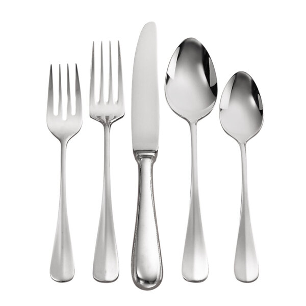 A Oneida Baguette stainless steel dessert knife with a silver handle.