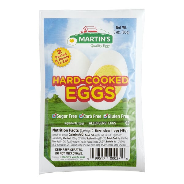 A package of Martin's Quality Eggs hard-cooked eggs containing two peeled and ready-to-eat eggs.