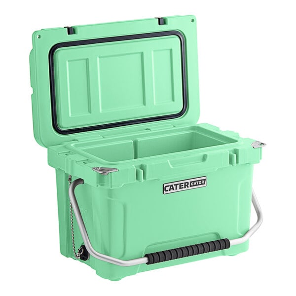 A seafoam green CaterGator outdoor cooler with a handle.