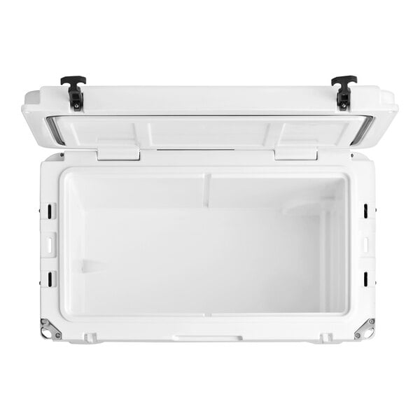 A white CaterGator outdoor cooler with black handles and the lid on.