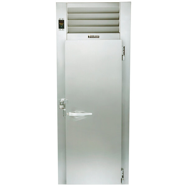 A close-up of a Traulsen Correctional holding cabinet door with a stainless steel finish and a vent.