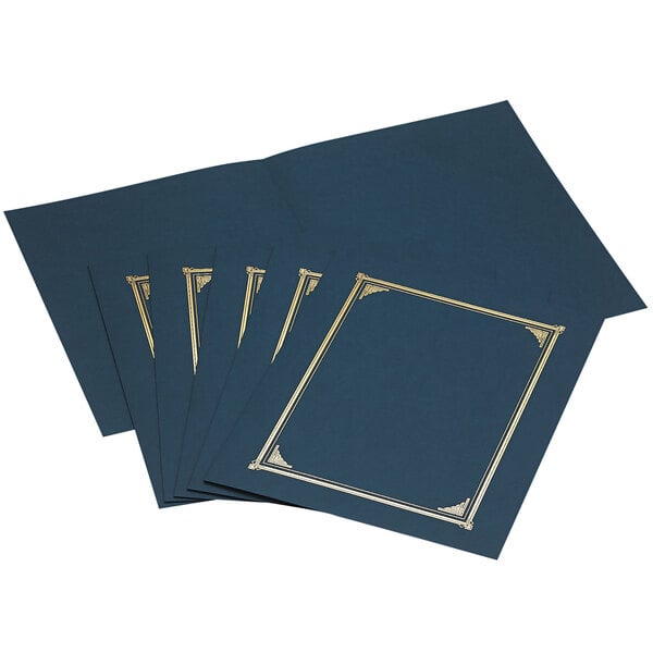 A group of navy blue Geographics document covers with gold designs.