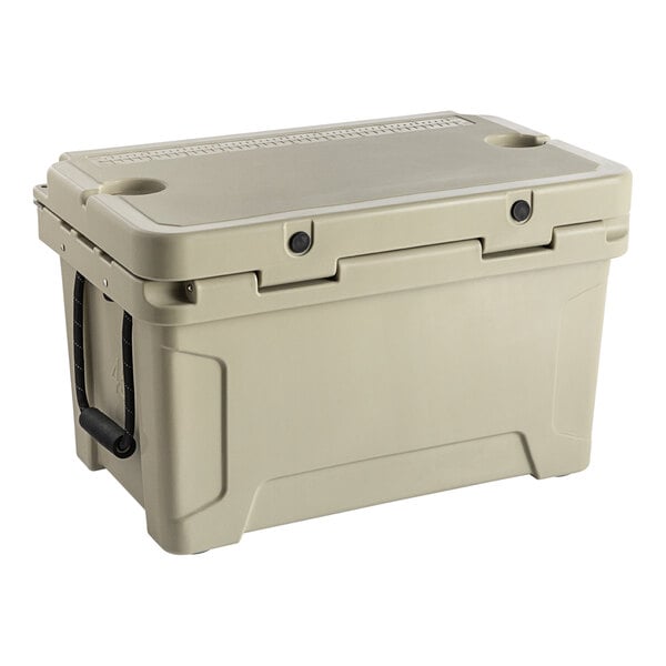 A tan CaterGator outdoor cooler with black handles.