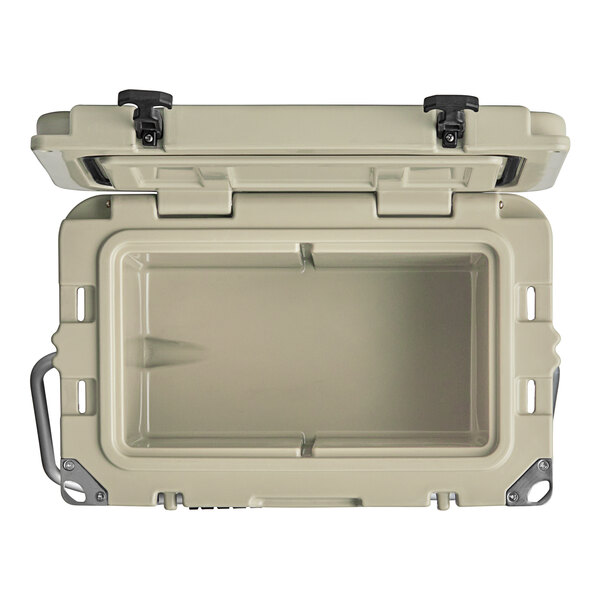 A tan CaterGator outdoor cooler with a lid open.