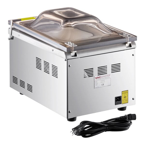 An ARY VacMaster VP210 tabletop vacuum packaging machine with a clear lid.