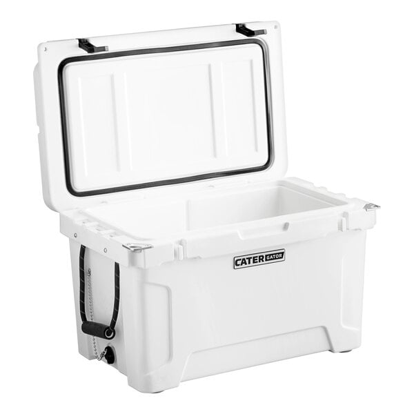 A CaterGator white outdoor cooler with a lid open.