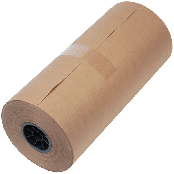 A roll of brown 18" x 900' high volume wrapping paper with a black circular handle.