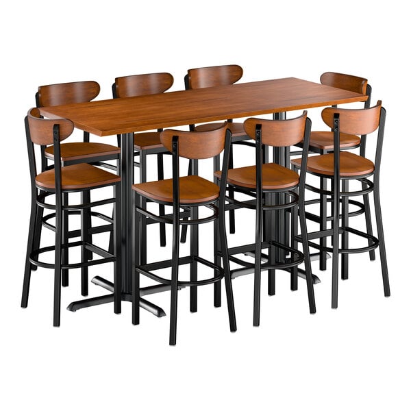 Lancaster Table & Seating 30" x 72" Rustic Walnut Solid Wood Live Edge Bar Height Table with 8 Boomerang Bar Stools