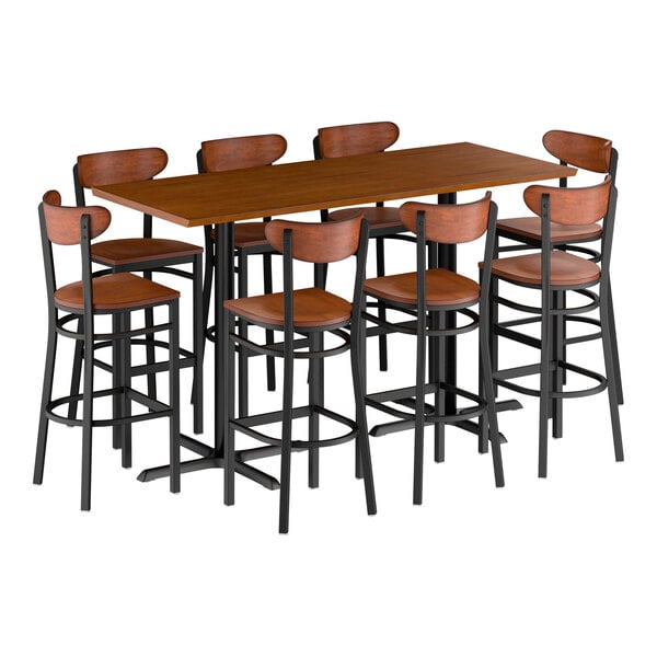 Lancaster Table & Seating 30" x 72" Rustic Walnut Solid Wood Live Edge Bar Height Table with 8 Boomerang Bar Stools