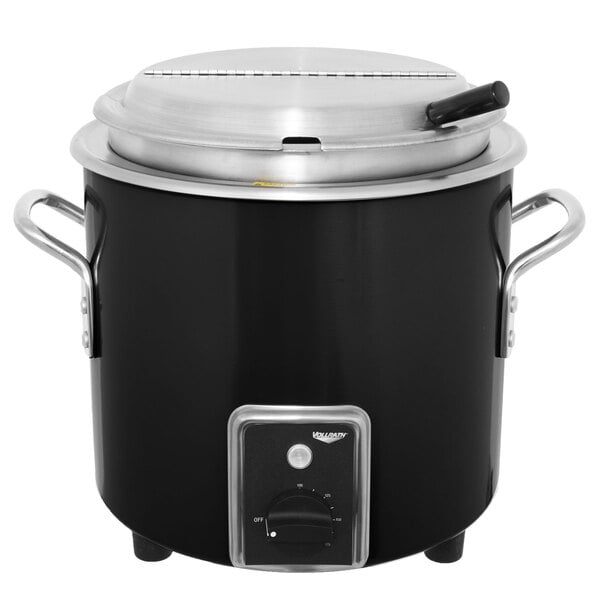 A black and silver Vollrath retro stock pot kettle rethermalizer.