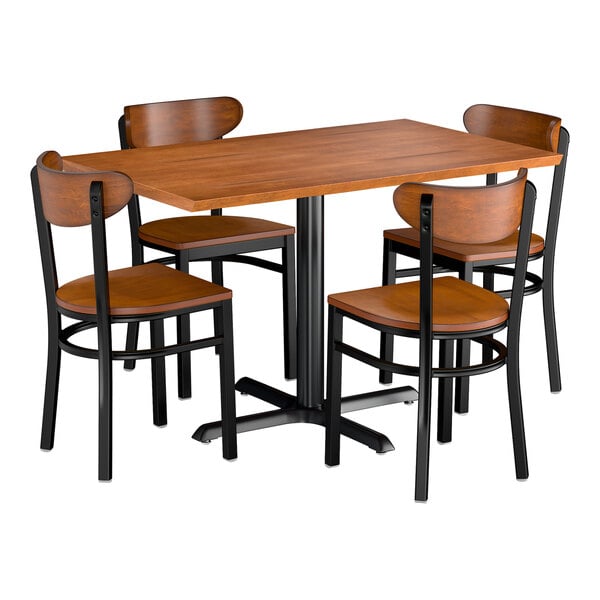 Lancaster Table & Seating 30" x 48" Rustic Walnut Solid Wood Live Edge Dining Height Table with 4 Boomerang Chairs