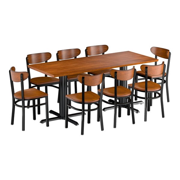 Lancaster Table & Seating 30" x 72" Rustic Walnut Solid Wood Live Edge Dining Height Table with 8 Boomerang Chairs