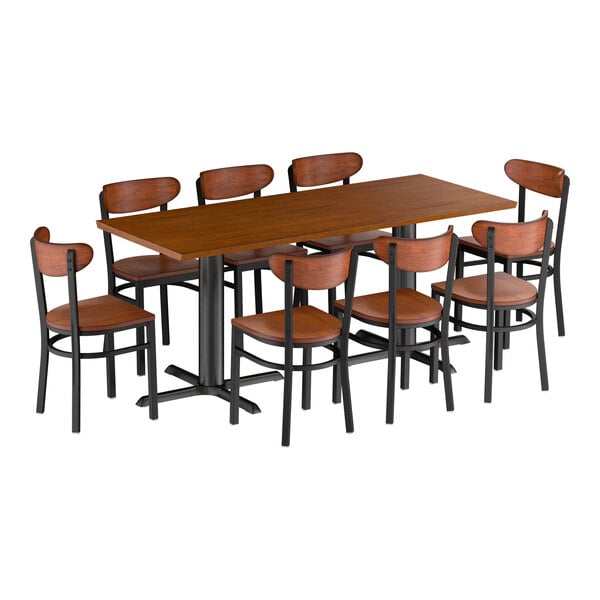 Lancaster Table & Seating 30" x 72" Rustic Walnut Solid Wood Live Edge Dining Height Table with 8 Boomerang Chairs