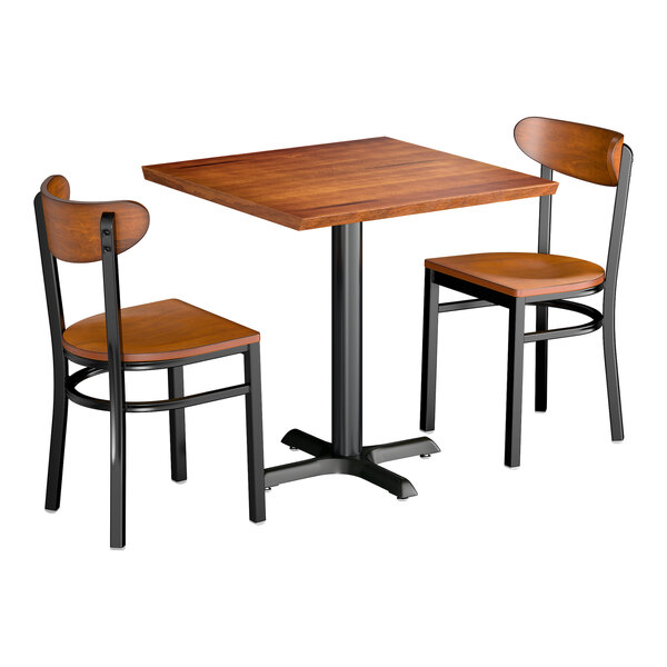 Lancaster Table & Seating 30" Square Rustic Walnut Solid Wood Live Edge Dining Height Table with 2 Boomerang Chairs