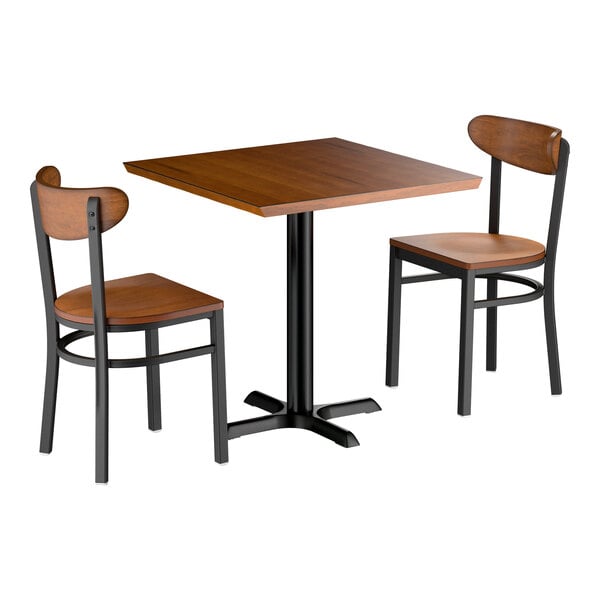 Lancaster Table & Seating 30" Square Rustic Walnut Solid Wood Live Edge Dining Height Table with 2 Boomerang Chairs