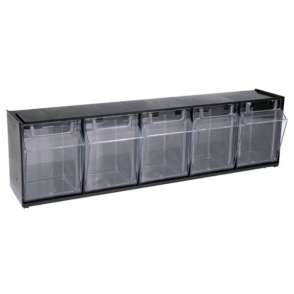 A black rectangular container with clear bins.