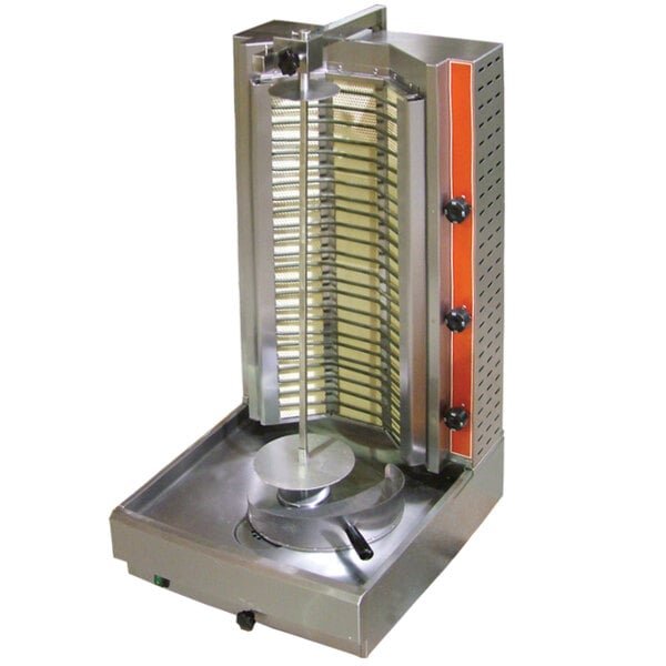 An Omcan stainless steel vertical gyro machine with a round object on top.