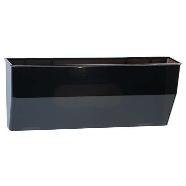 A black plastic Deflecto DocuPocket file holder with a clear pocket and magnets.