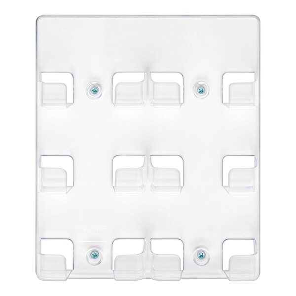 A clear plastic holder with six pockets arranged in two columns, designed for displaying business cards.