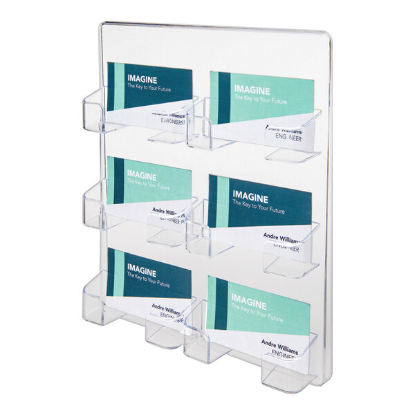 A clear plastic display with six pockets, each holding business cards.