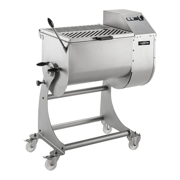 A Trento stainless steel electric meat mixer on wheels.