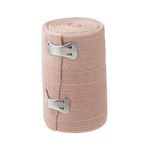 A roll of pink Medi-First elastic bandages with metal clips.