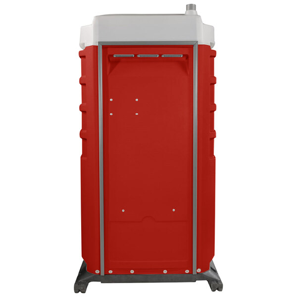 A red PolyJohn portable restroom on a silver metal stand.