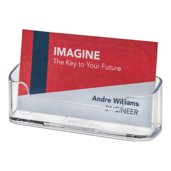 A clear plastic horizontal business card holder containing two business cards.