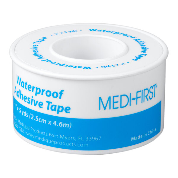 A roll of Medi-First waterproof adhesive tape with blue text on a white background.