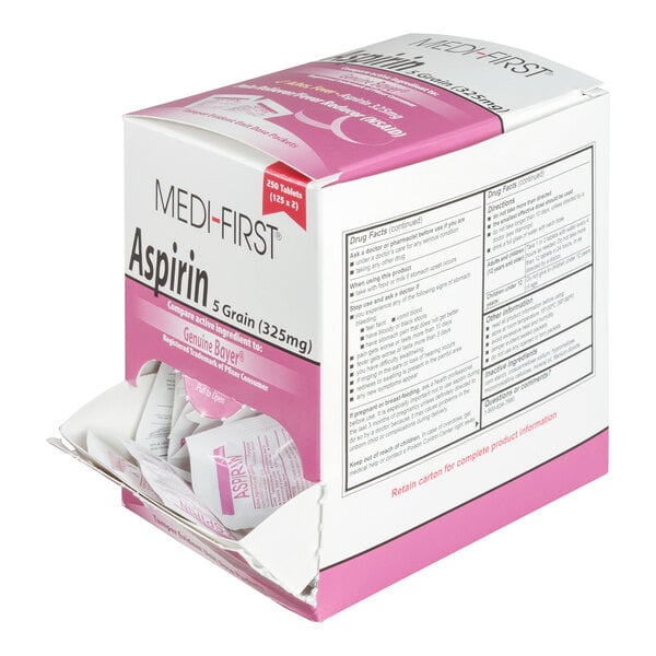 A box of Medi-First Aspirin tablets containing 250 individually packaged doses.