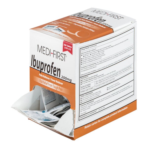 A box of Medi-First Ibuprofen 200mg tablets containing 250 individually packaged doses.
