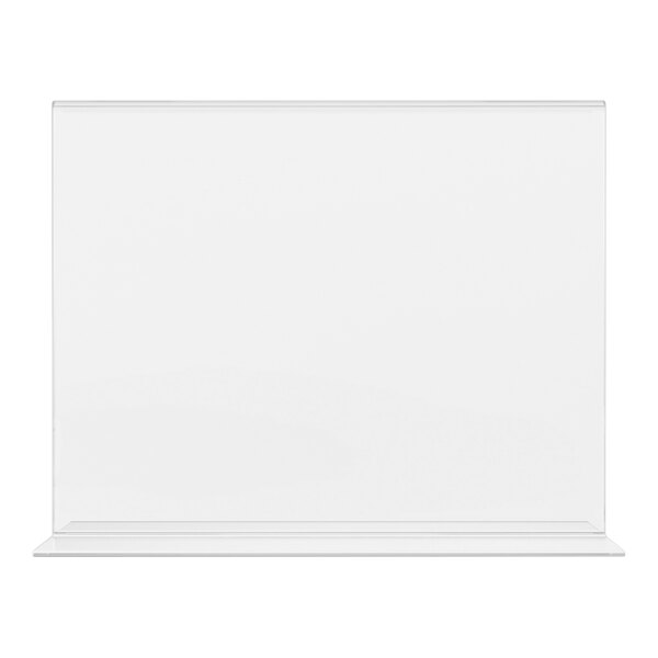 A clear, rectangular, upright acrylic sign holder with a flat base.