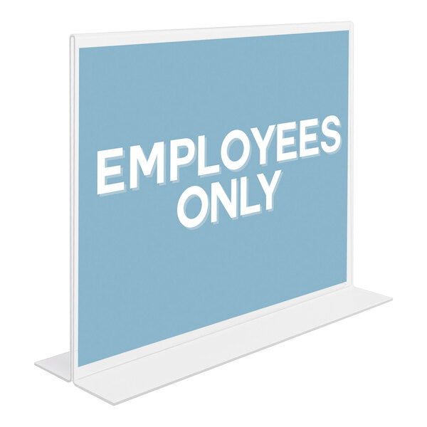 A clear, double-sided sign holder displaying a blue sign with the text 'EMPLOYEES ONLY' in white letters.
