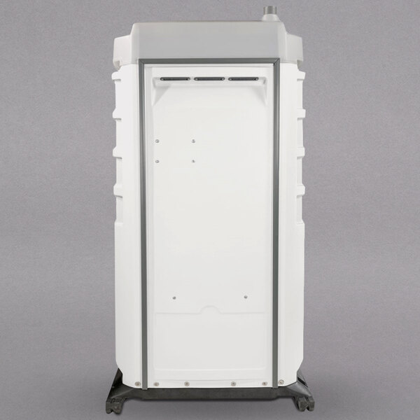 A white plastic PolyJohn portable restroom with a door.