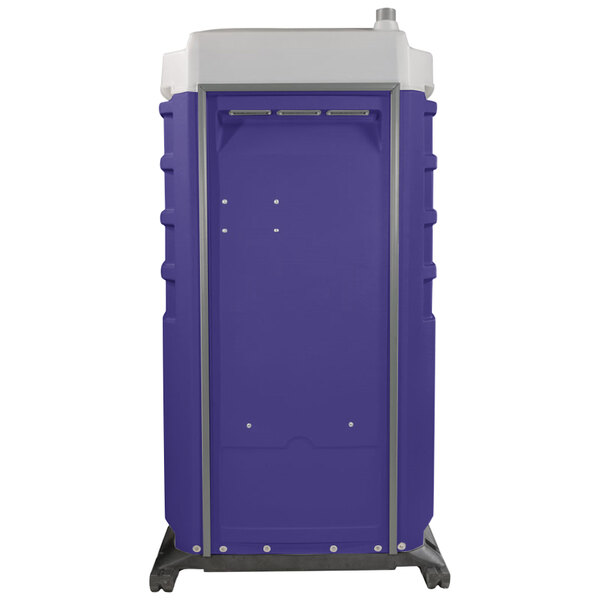 A purple and white PolyJohn portable toilet.