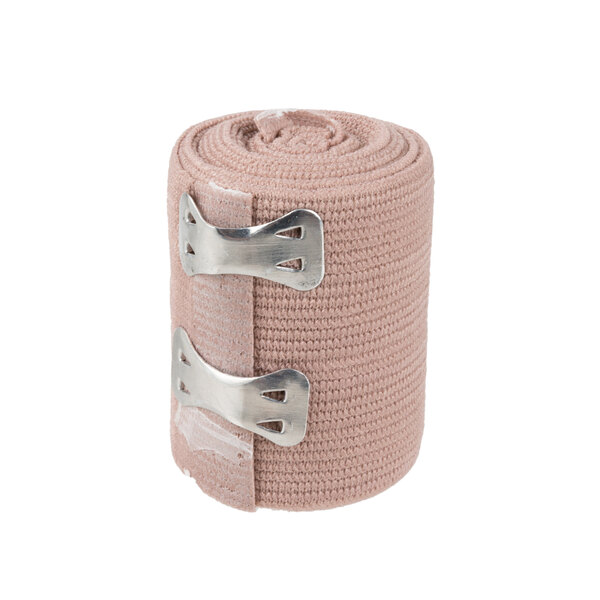 A roll of pink Medi-First elastic wrap with metal clips.