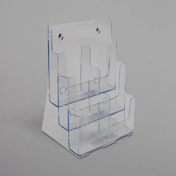 A clear Deflecto 6-compartment brochure holder.