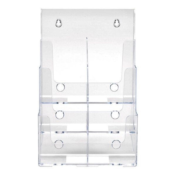 A clear, three-tiered, six-compartment brochure holder with wall-mounting holes at the top.