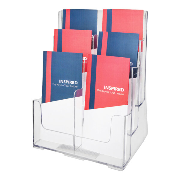 A clear, multi-tiered brochure holder displaying several brochures with a red and blue design.
