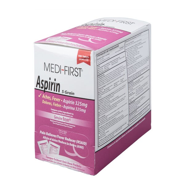 A box labeled 'Medi-First Aspirin 5 Grain' containing 500 tablets, primarily white and pink in color with product information and dosage details visible.