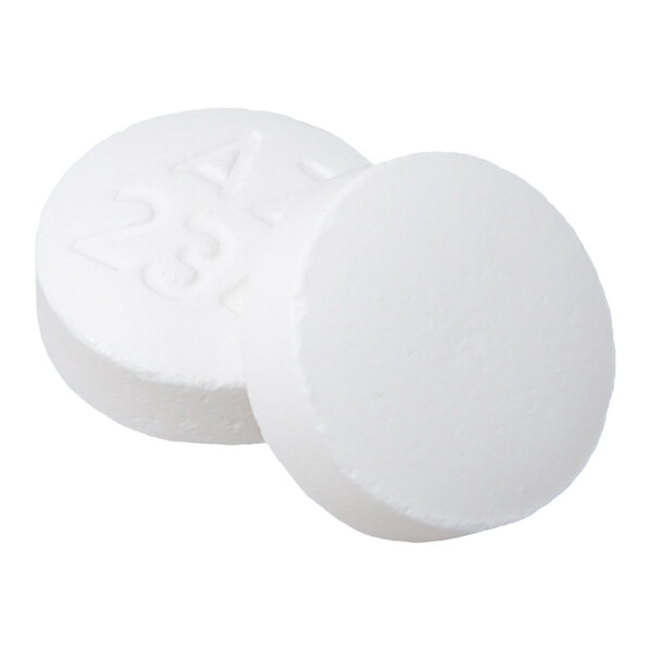 Two round, white tablets, one with visible embossed numbers and letters.